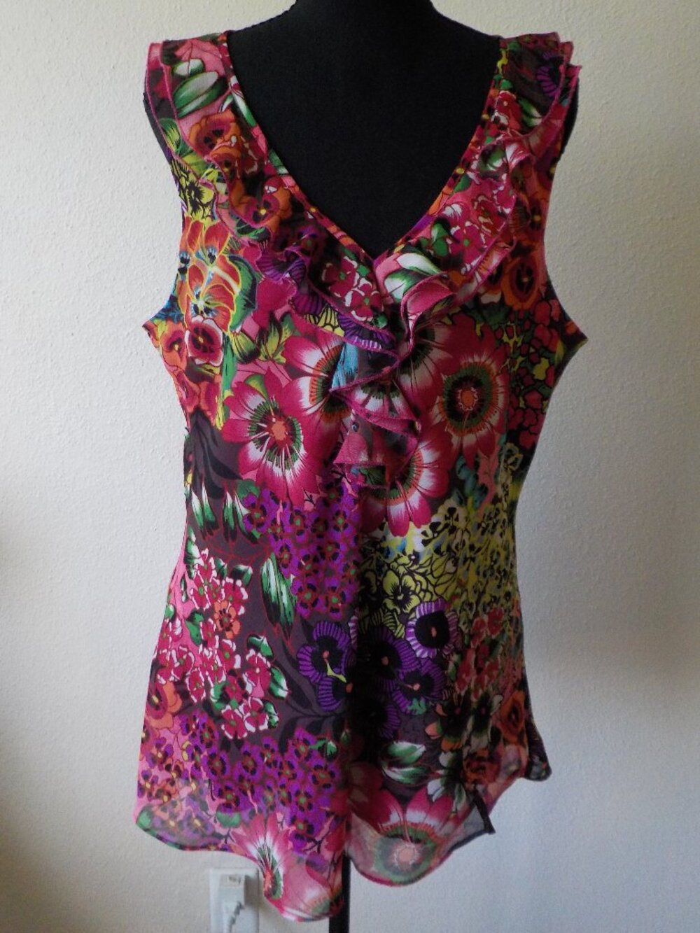 Spense Blouse - X-Large - Pink Multi Floral Sleeveless Ruffle Lined (2604)